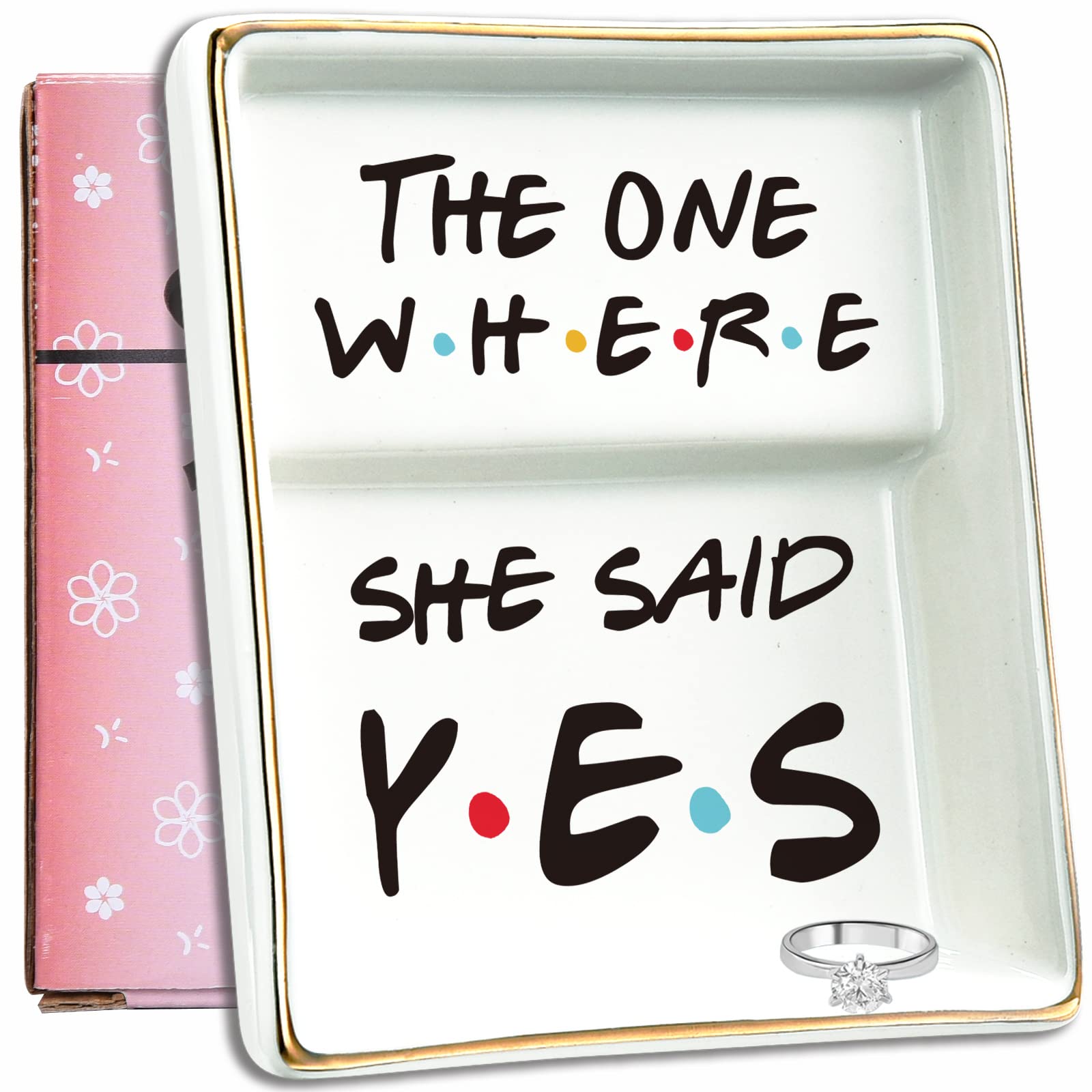 MY-ALVVAYS Engagement Gifts for Bride, The One Where She Said Yes, Bride to Be, Newly Engaged, Bachelorette Party, Bridal Shower Gifts- Ring Dish Trinket -CRD078