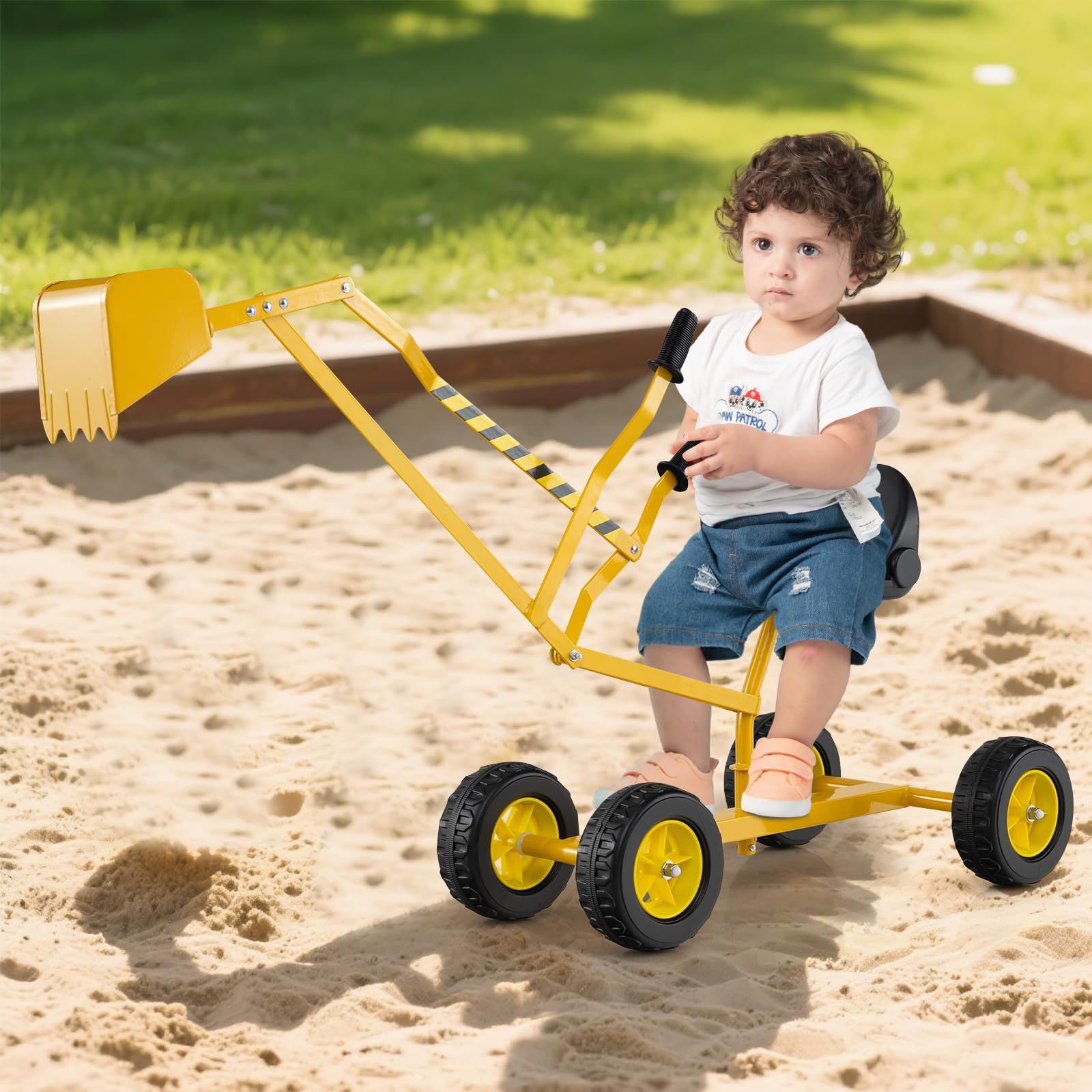 COSTWAY Escavatore per Bambini, Scavatore per Sabbiera con Comandi a 2 Mani e Pala Flessibile, Sedile Rotante a 360°, 4 Ruote, Ideale per Bambini 3 Anni+ (con Ruote Giallo)