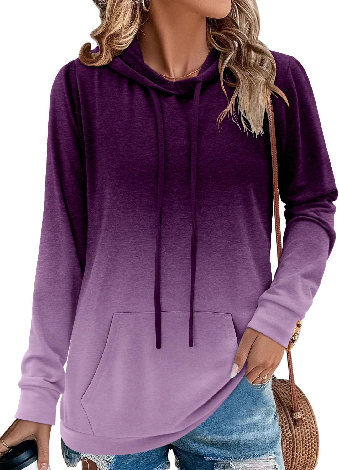 MODARANI Hoodies for Women Purple Tie Dye Ombre Tunic Sweatshirt Kangaroo Pockets XL
