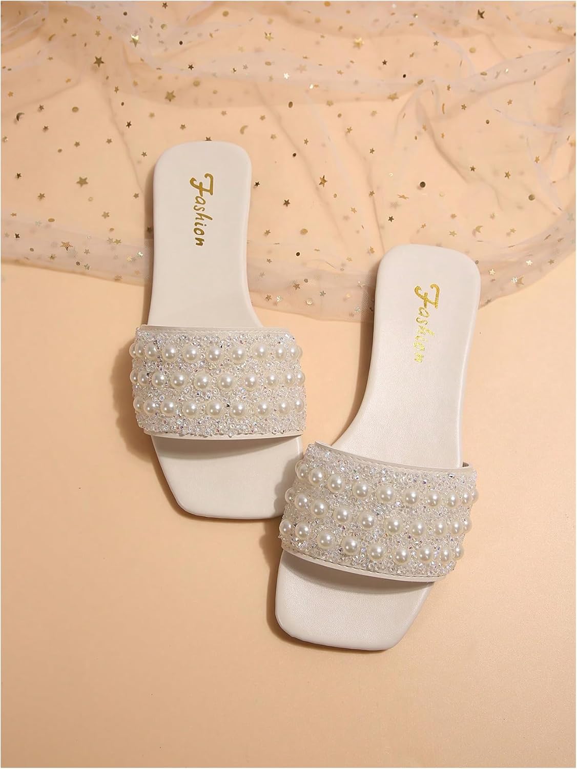 Verdusa Women's Vacation Faux Pearls Square Open Toe Slip on Slippers PU Leather Elegant Flat Sandals - Image 4