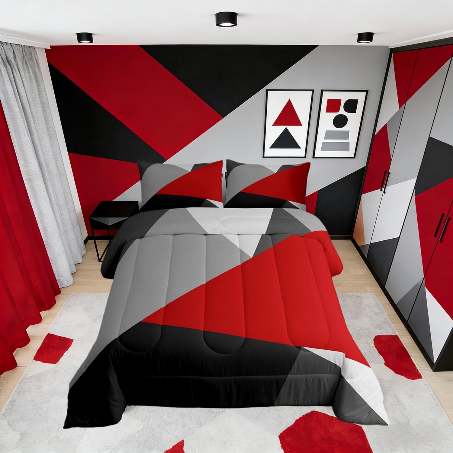 Erosebridal Red Black Gray Bedding Set Queen Patchwork Geometric Down Comforter for Kids Boys Girls,Simple Triangle Print Comforter Set Modern Quilt