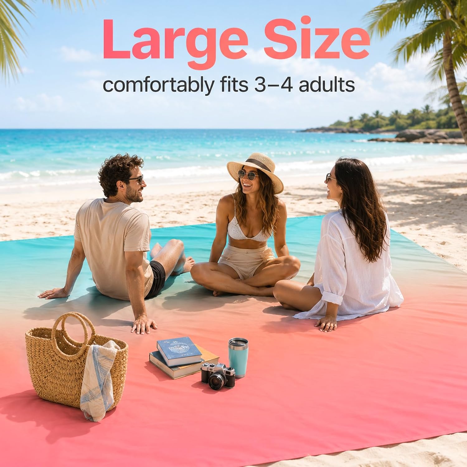Beach Blanket Waterproof Sandproof 8 X 7 Ft Beach Mat 3–4 Adults Extra Large Outdoor Picnic Mat with Stakes & Travel Bag Foldable Beaches Essentials for Summer Outdoor Picnic Camping (Teal Orange)