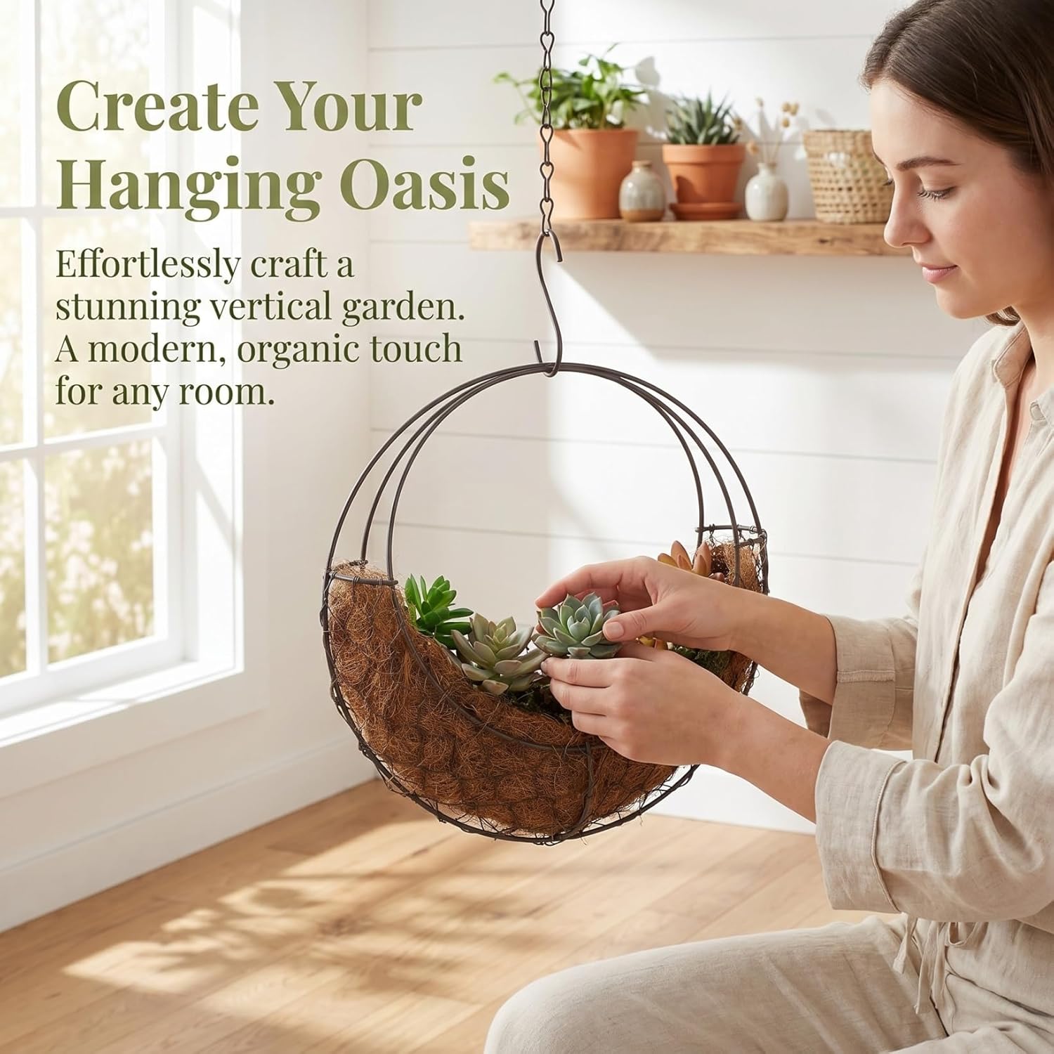 DOITOOL Wire Wreath Frame Hanger, Moon Shape Wreath Form Hanging Plant Holder Metal Hanging Planters Plant Basket Holder, Succulent Wire Wreath Frame Form Hanger with Hook