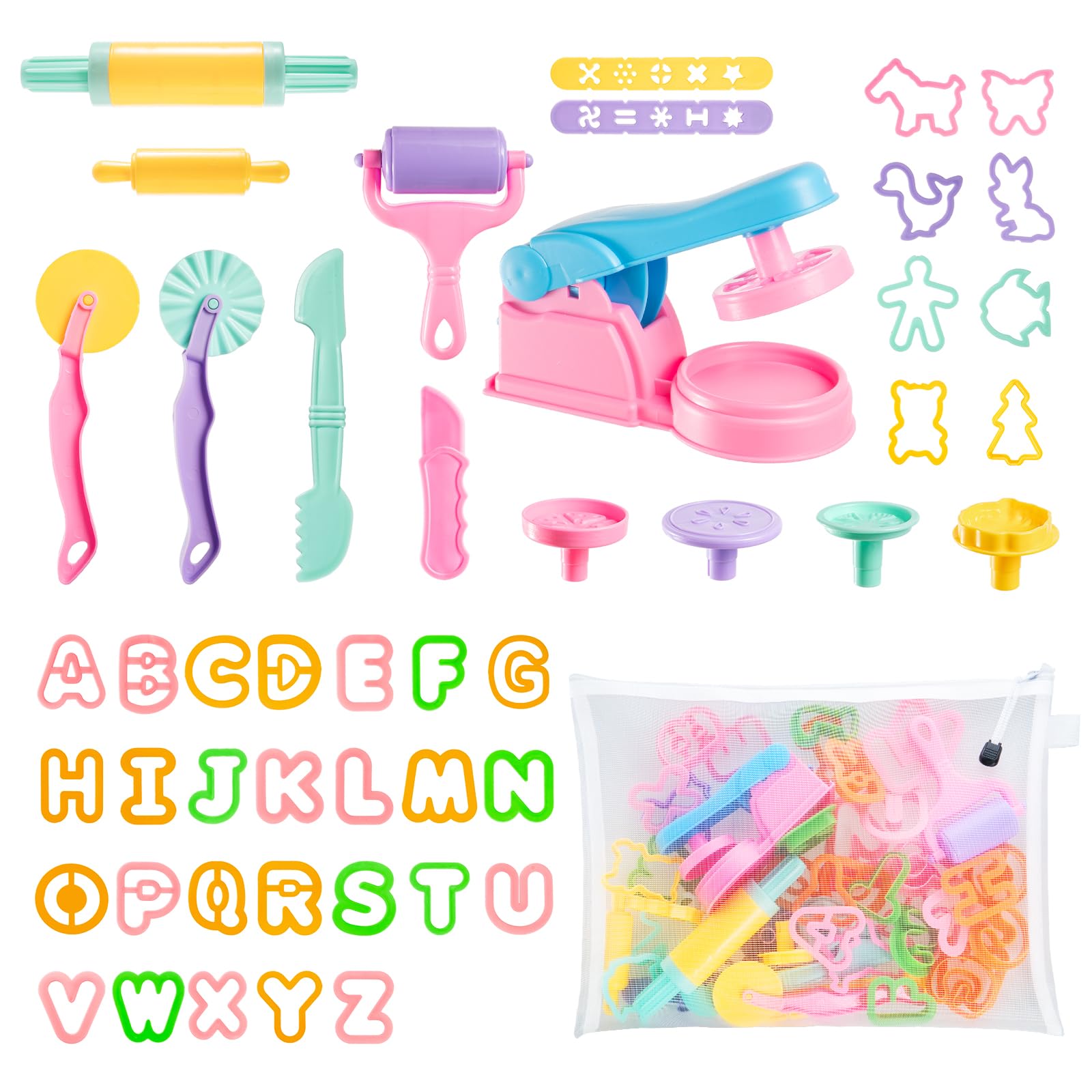 48Pcs Dough Tools and Cutters, Dough Accessories, Clay Cutters, Rollers, Extruders, Molds, with Storage Bag, Creation Educational Toys Arts and Crafts Kits Gift