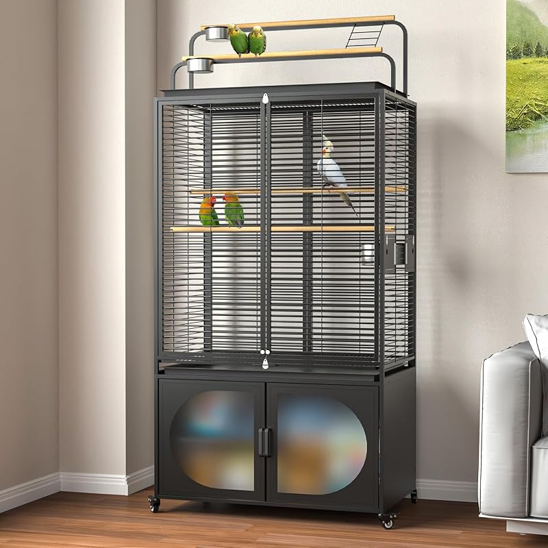 GDLF 72-Inch Parrot Bird Cage with Play Top and Storage Cabinet | Includes a UV-blocking cover, removable cleaning tray, four stainless steel bowls, perches, and lockable rolling casters