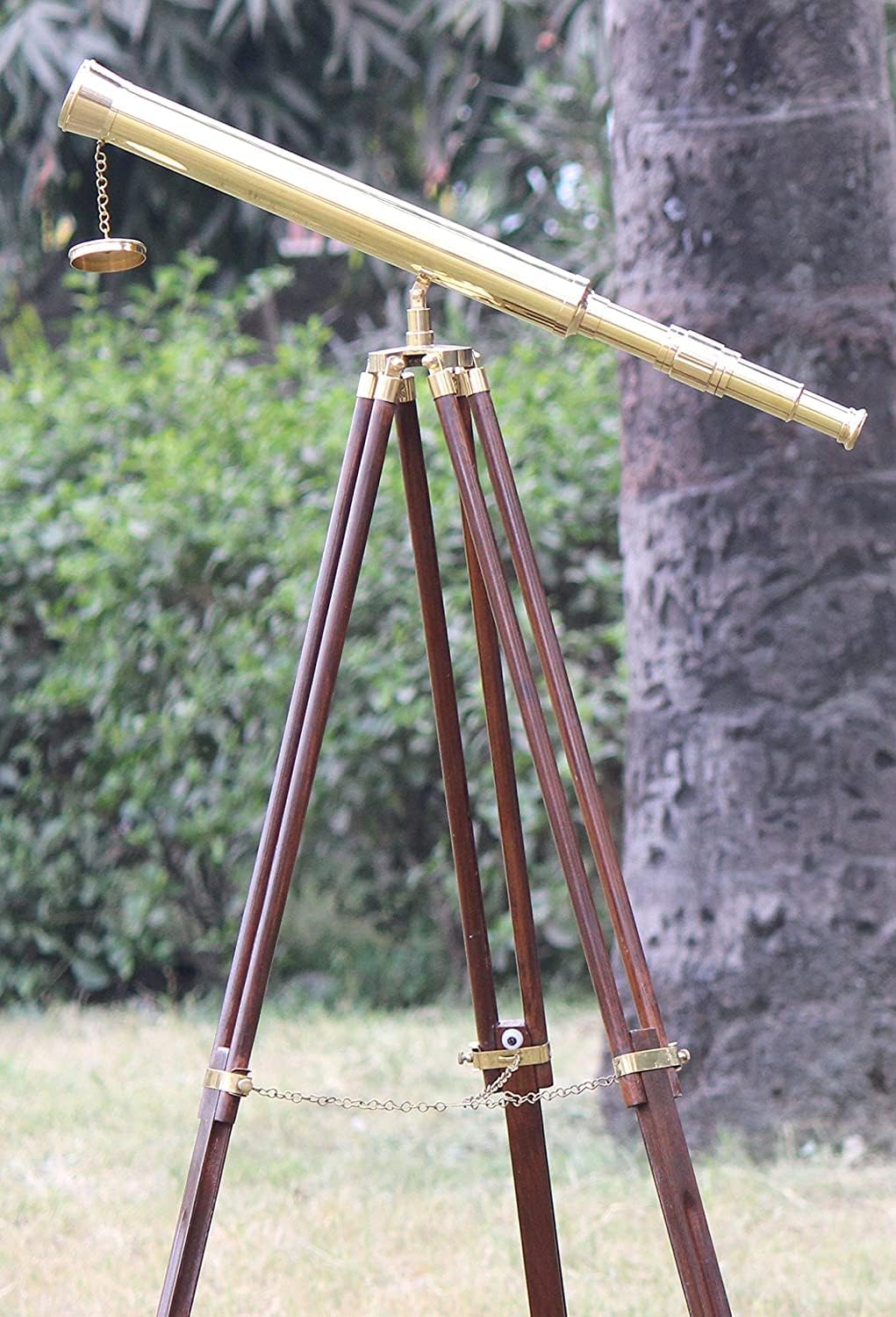 Falcon Traders Shiny Brass Nautical Single Barrel Telescope Wooden Tripod Ideal Home Decor Brass Finish & Brown