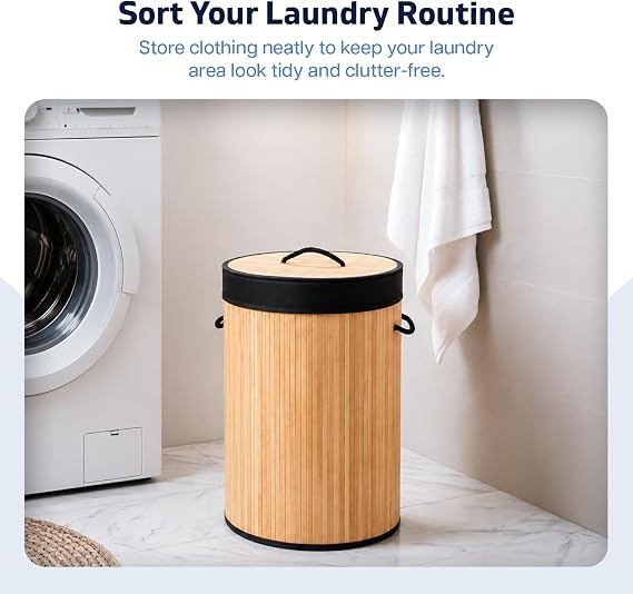 Besto Bamboo Laundry Basket | (60L Capacity) Round Collapsible Laundry Basket with Lid | Laundry Hamper with Carry Handles & Removable Laundry Bag | Wooden Laundry Basket for Everyday Washing