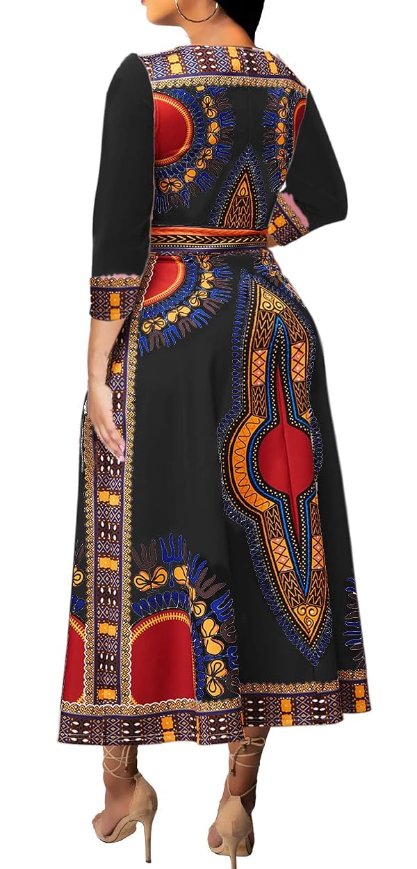 African Dress for Women Print Maxi Dress Sexy V Neck Dashiki Party Dresses Elegant Bohemian Long Sleeve Prom Attire Flowy Cocktail Tropical Vintage Outfits by Bttup - Used condition - US$14.36