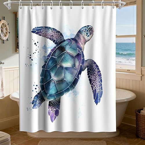 Vista 141 de Cortina de ducha de tortugas marinas, temática náutica de playa, verde y verde azulado, sin ganchos, punto gofre y forro desmontable, decoración