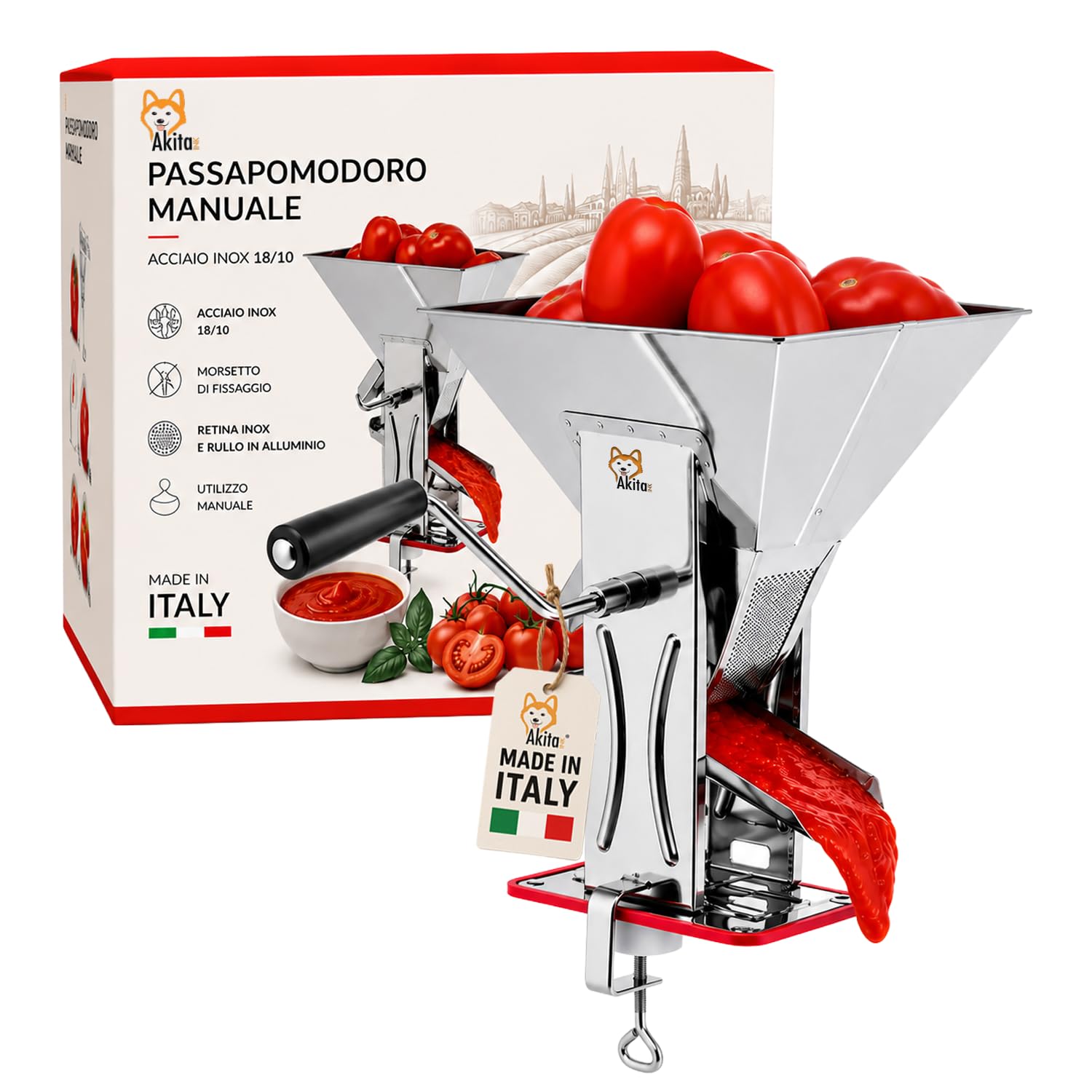 Akitaink Spremipomodoro Manuale in Acciaio Inox 18/C, Passapomodoro con Morsetto Fissaggio, Rullo in Alluminio e Retina Inox 18/10