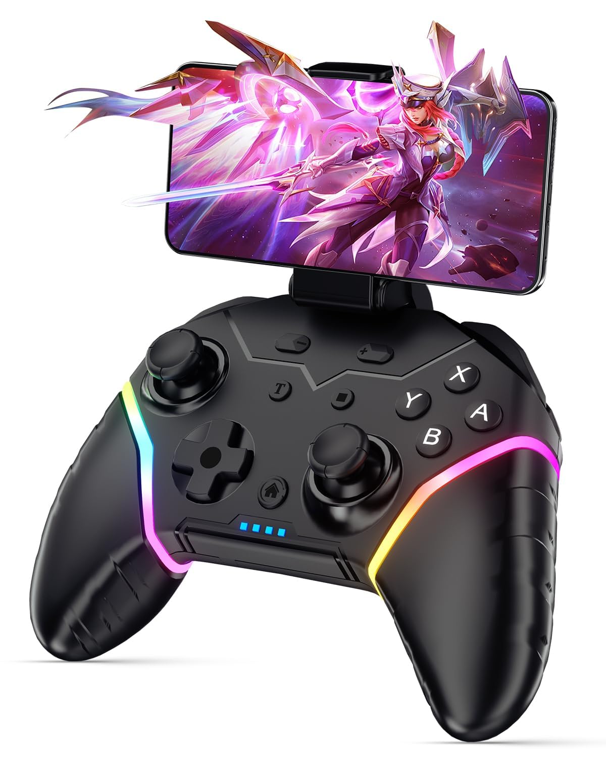 Wireless Mobile Game Controller for iPhone/iOS/Android/Switch/Laptop, Wired for PC/Steam, Cell Phone Controller Gamepad with Programmable, Turbo, Vibration, 6-Axis Gyro&RGB Lights(Phone Clip Included)