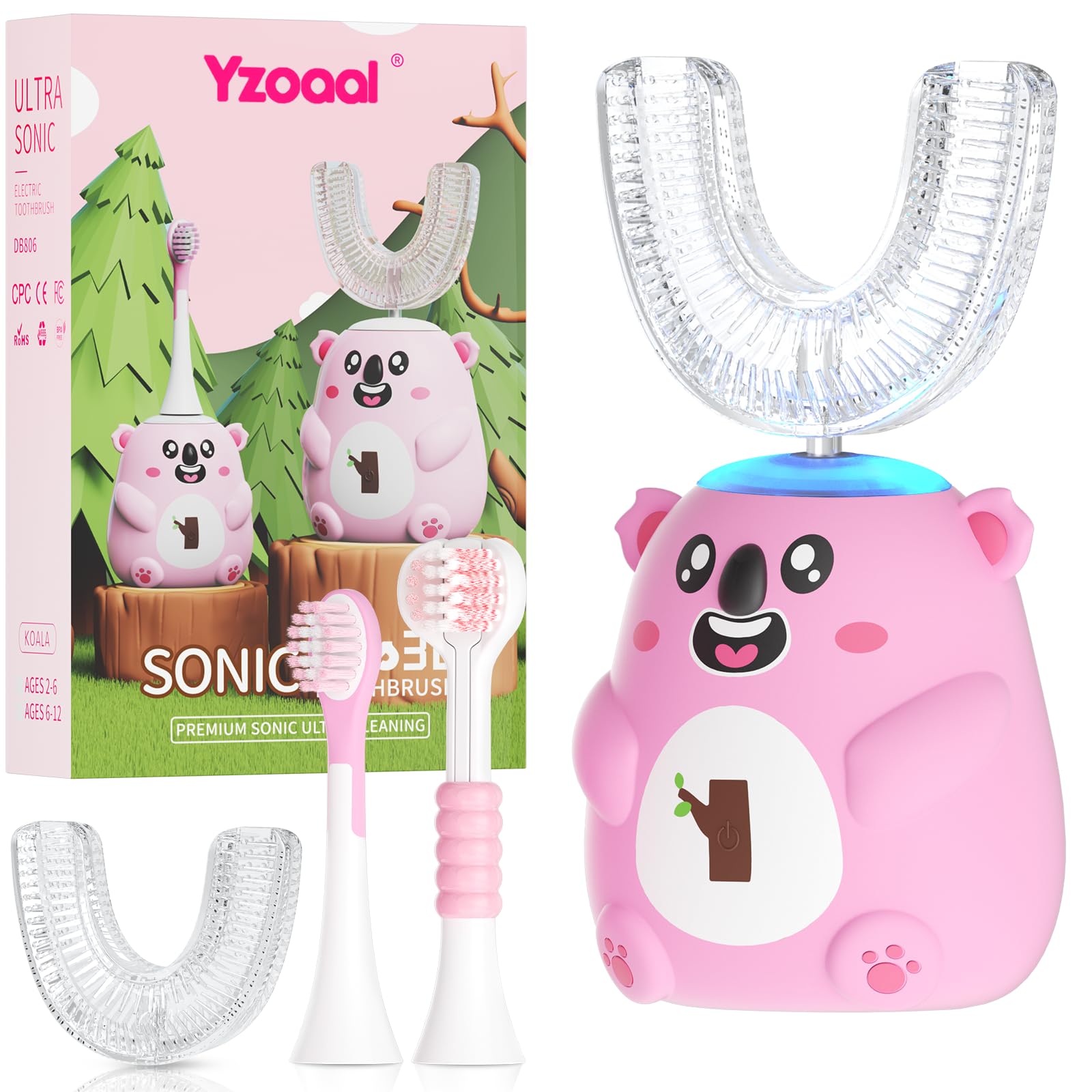Elektrische Zahnbürsten für Kinder, 2-6/6-12,U-förmige Zahnbürste, Koala-förmige Zahnbürste, Ultraschall-Bürstenköpfe, 60 Sekunden-Timer (rosa, 2-6 Jahren)