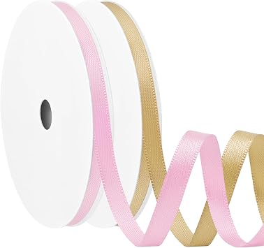 Double Face Satin Ribbon 1/4 inch X 15Yards Each roll Pink & Gold Ribbon for Gift Wrapping,Wedding,Party, Hair Bow, Invitation Decorations Total 30 Yards