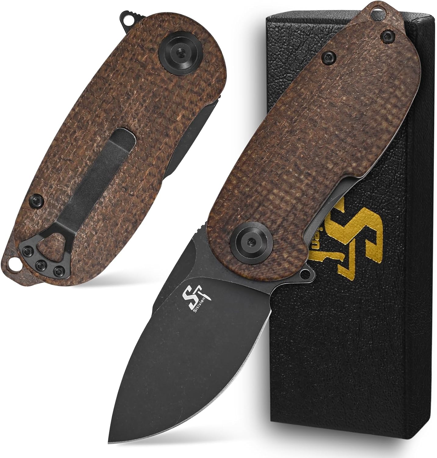 Sitivien ST150 Pocket Folding Knife,Sandvik 14C28N Black Stonewashed Blade with Micarta Handles EDC Tool Knifes for Outdoor Survival,Camping,Hiking,Hunting,Fishing(Brown) … …