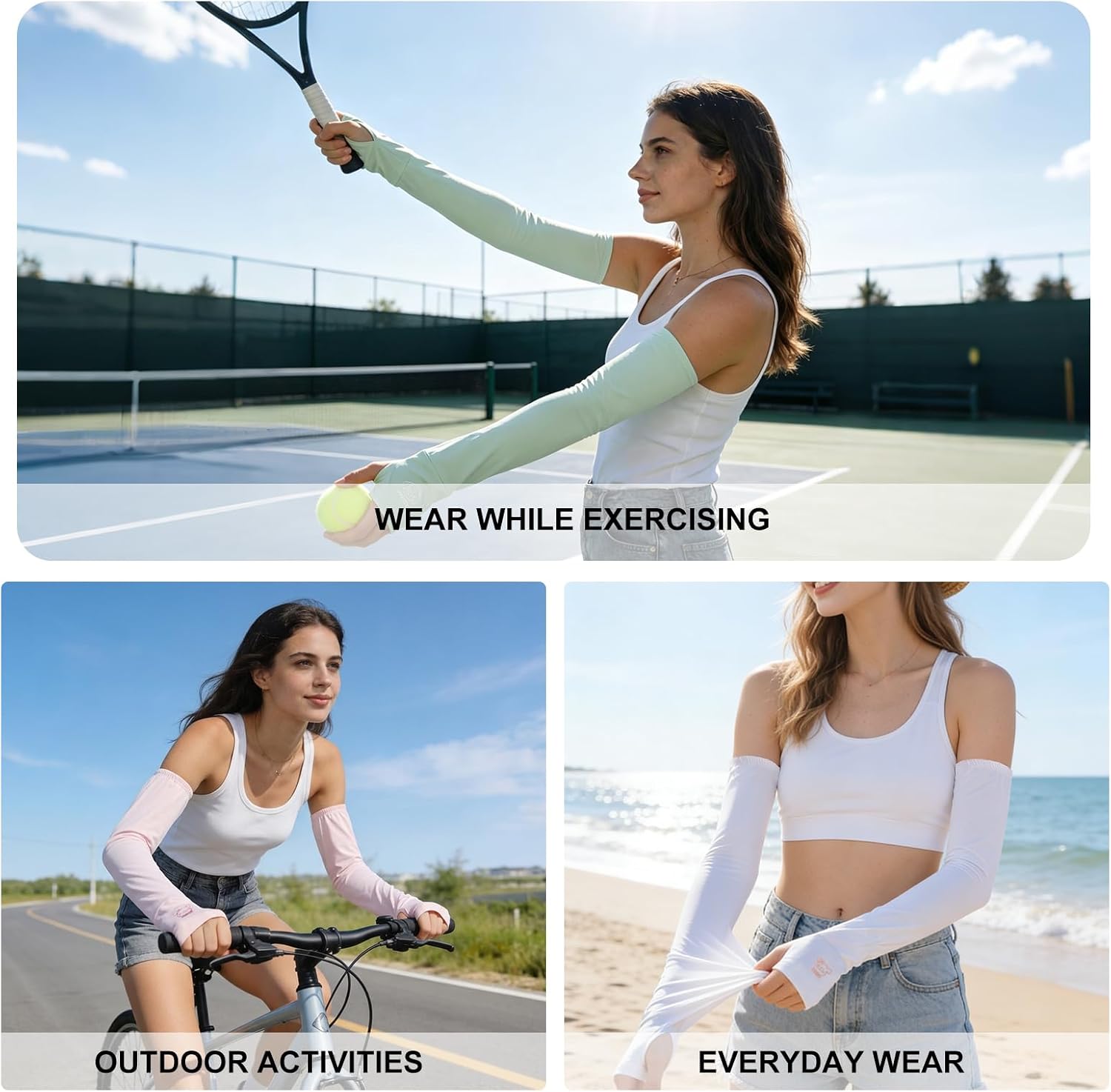 JATEBI UV Sun Protection Arm Sleeves for Women 3 Pairs, Cooling Sunscreen Arm Covers Summer Arm Sleeve with Thumb Hole & Bear Pattern for Outdoor Sports Cycling Driving