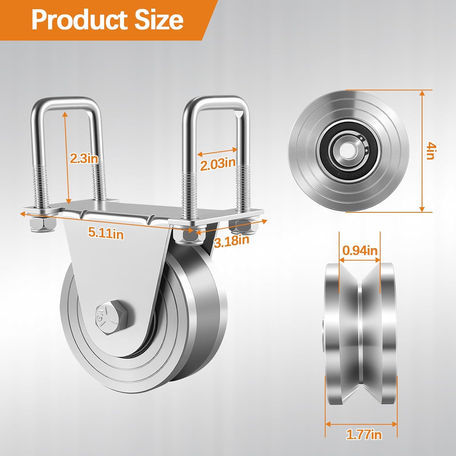 4-Inch V Groove Gate Wheel, 3000LB Capacity, Sealed Sliding Gate Wheels Made of Galvanized Steel,Sliding Door Rollers with 2 Installation Options Suitable for Yards, Garages(2 Pack)