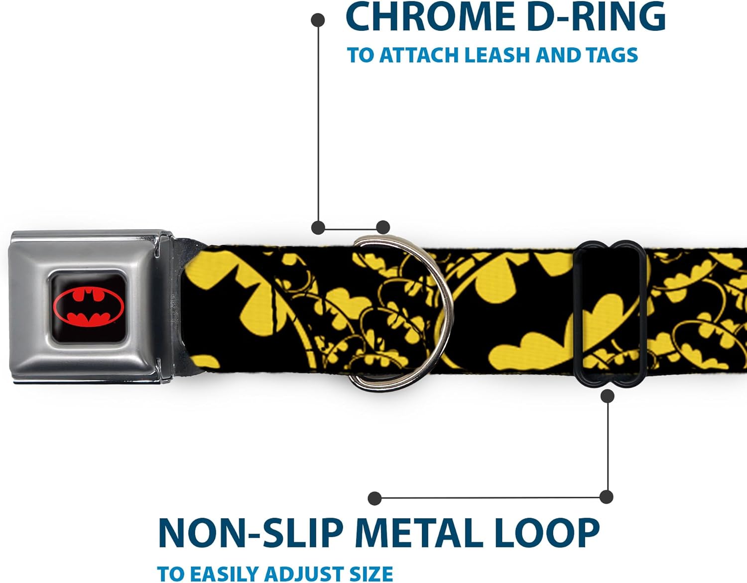 Buckle-Down Seatbelt Buckle Dog Collar - Bat Signals Stacked w/CLOSE-UP Yellow/Black - 1" Wide - Fits 9-15" Neck - Small