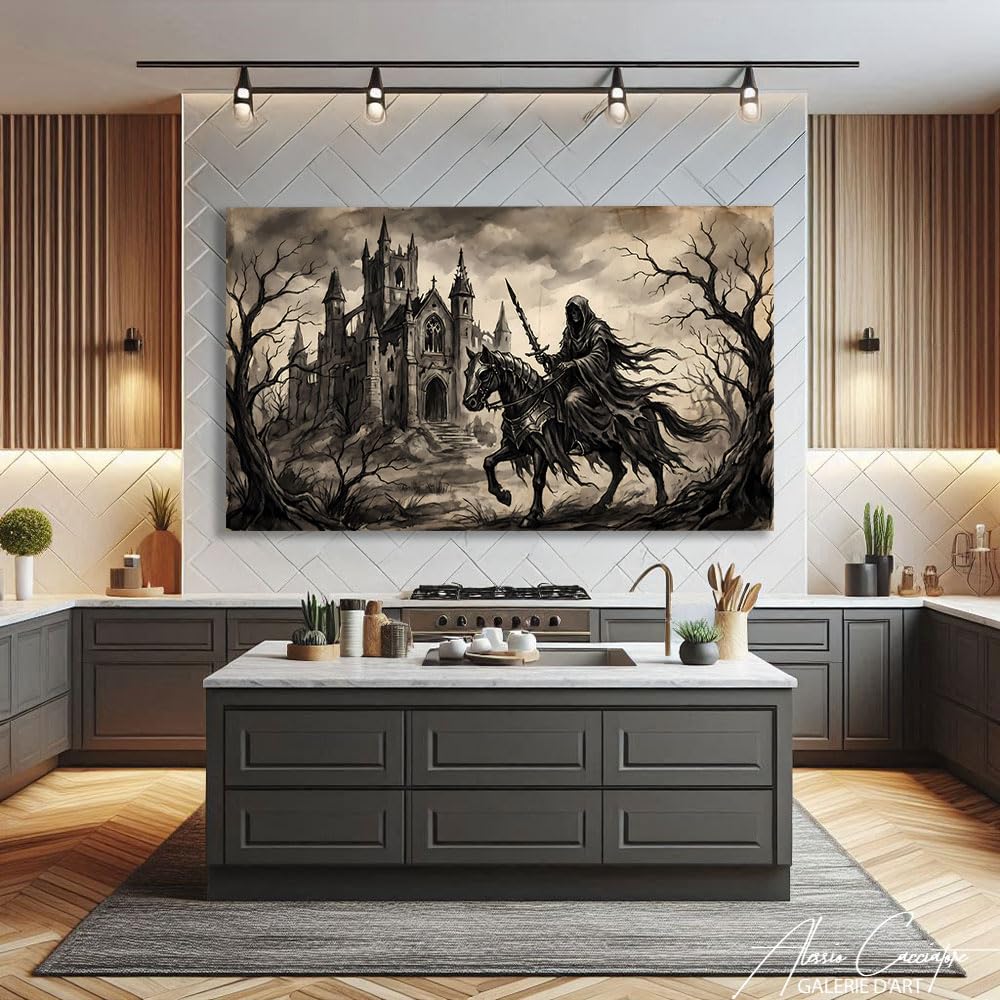 Alessio Cacciatore Quadro Cavaliere - Poster decorativo murale gotico - Stampa su tela in bianco e nero - Quadro cattedrale - Decorazione murale medievale - Deco Gaming Mural (40 x 30 cm)
