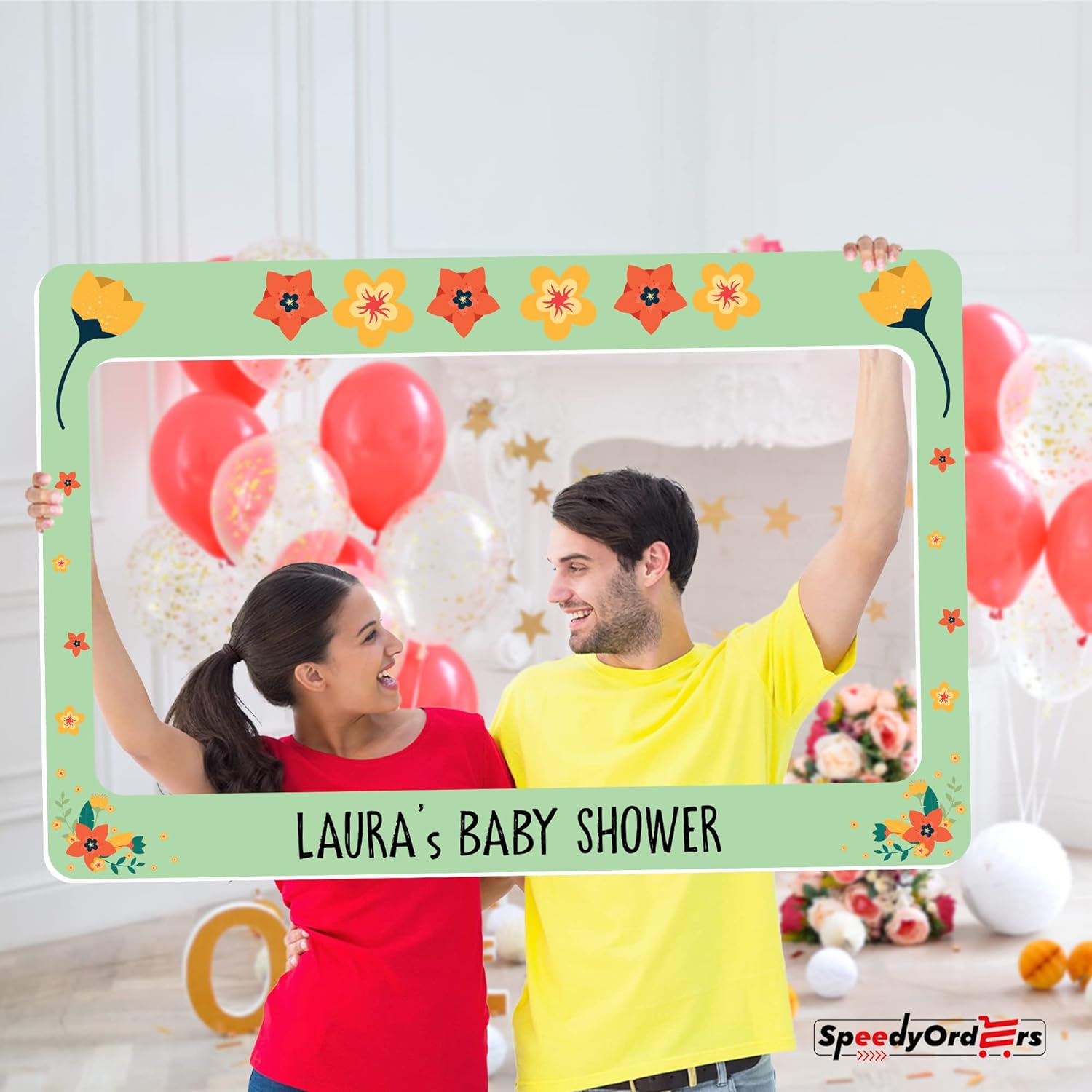 SPEEDYORDERS Floral Baby Shower Photo Booth Frame - Personalized Blossom Baby Shower Photo Frame - Custom Baby Shower Party Frame Photo Booth (PVC Frame)