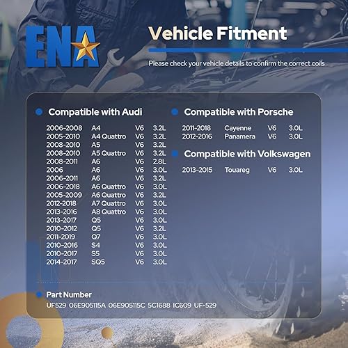 Miniatura 7 de ENA Juego de 6 bobinas de encendido UF529 compatibles con Audi Volkswagen VW 2005-2016 A3 A4 A5 R8 A6 A7 Q7 S4 TT 2006-2016 Jetta MK5 MK6 GTI Rabbit