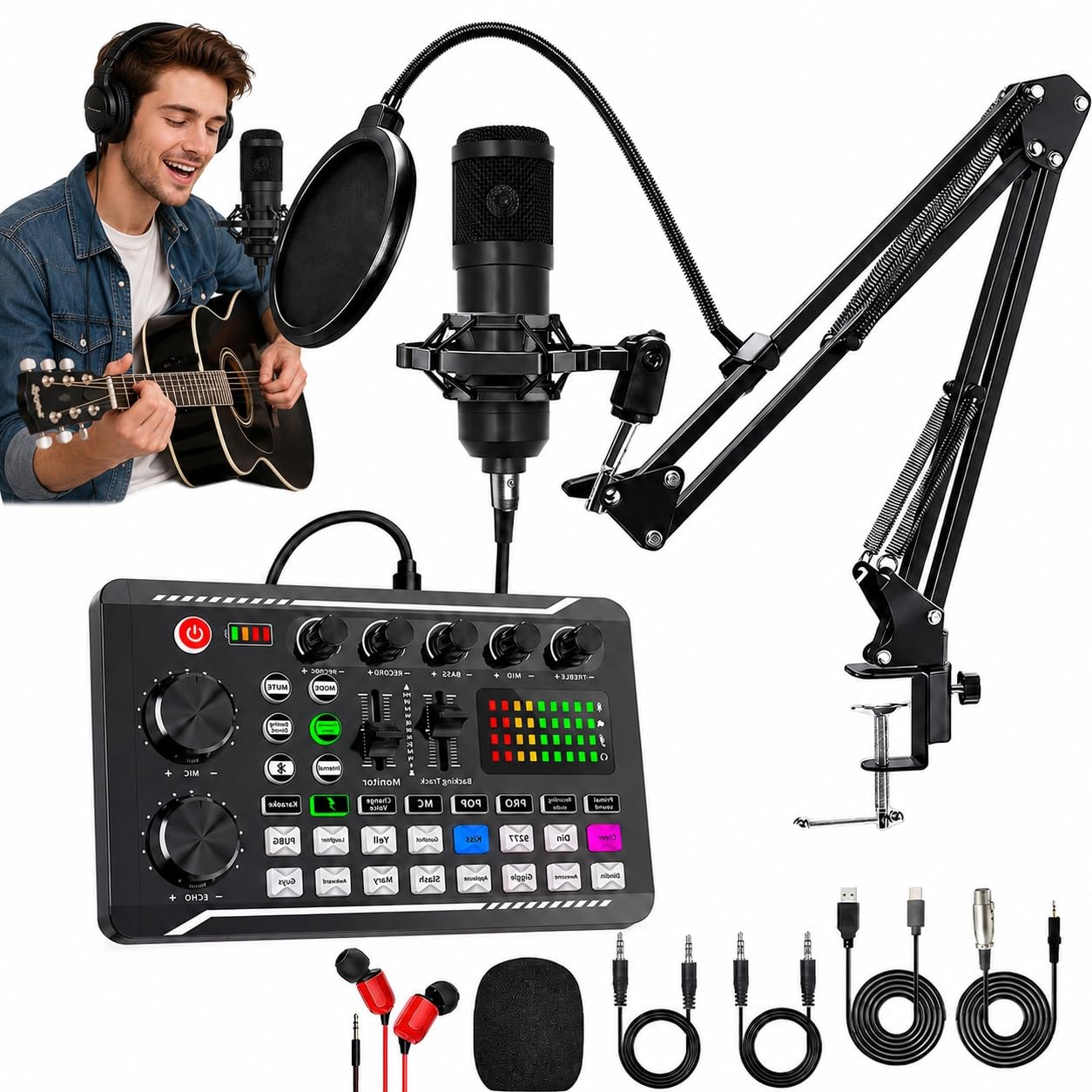 Kit Completo Per Podcast, Scheda Audio F998 E Microfono Da Studio BM-800 Con Braccio A Pantografo Regolabile; Include Mixer DJ, Interfaccia Audio E Modulatore Di Voce Per Live Streaming(Nero)