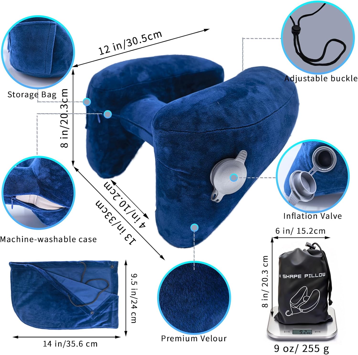 H-Shaped Travel Pillow with Snap-On Hood – Ergonomic Neck Support with Plush Velvet Cover, Instant Inflation & Compact Bag – for Airplane, Car, Office & Long Trips (Blue)