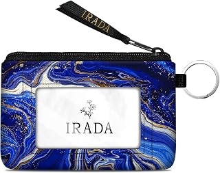 IRADA ID Case Wallet Keychain with Clear ID Window Zipper Cute Coin Purse for Women Water Resistant Small Coin Pouch-Blue Marble Keychain Wallet