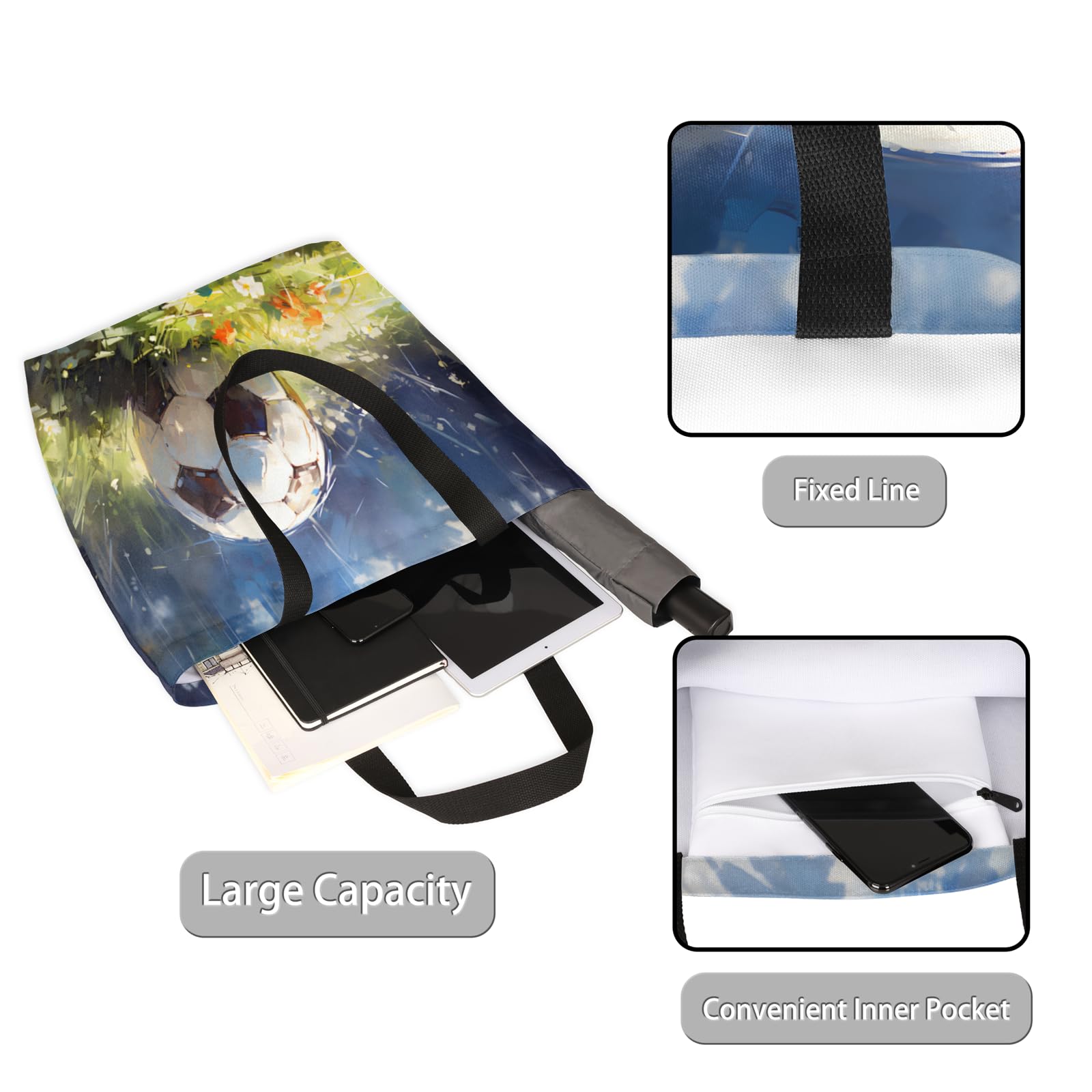 Mularoka Grass Football Watercolour Large Capacity Canvas Tote Bag Stylish Handheld Shoulder Bag Reusable Shopping Bag for Work Travel Beach Trips Shopping