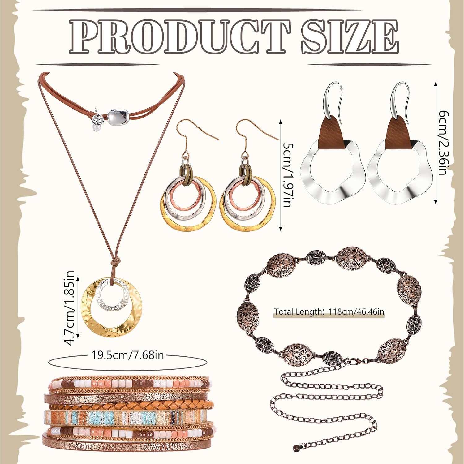 Western Jewelry Set - Boho Turquoise Dangle Earrings Necklace Faux Leather Bracelet Ring with Concho Belt for Women