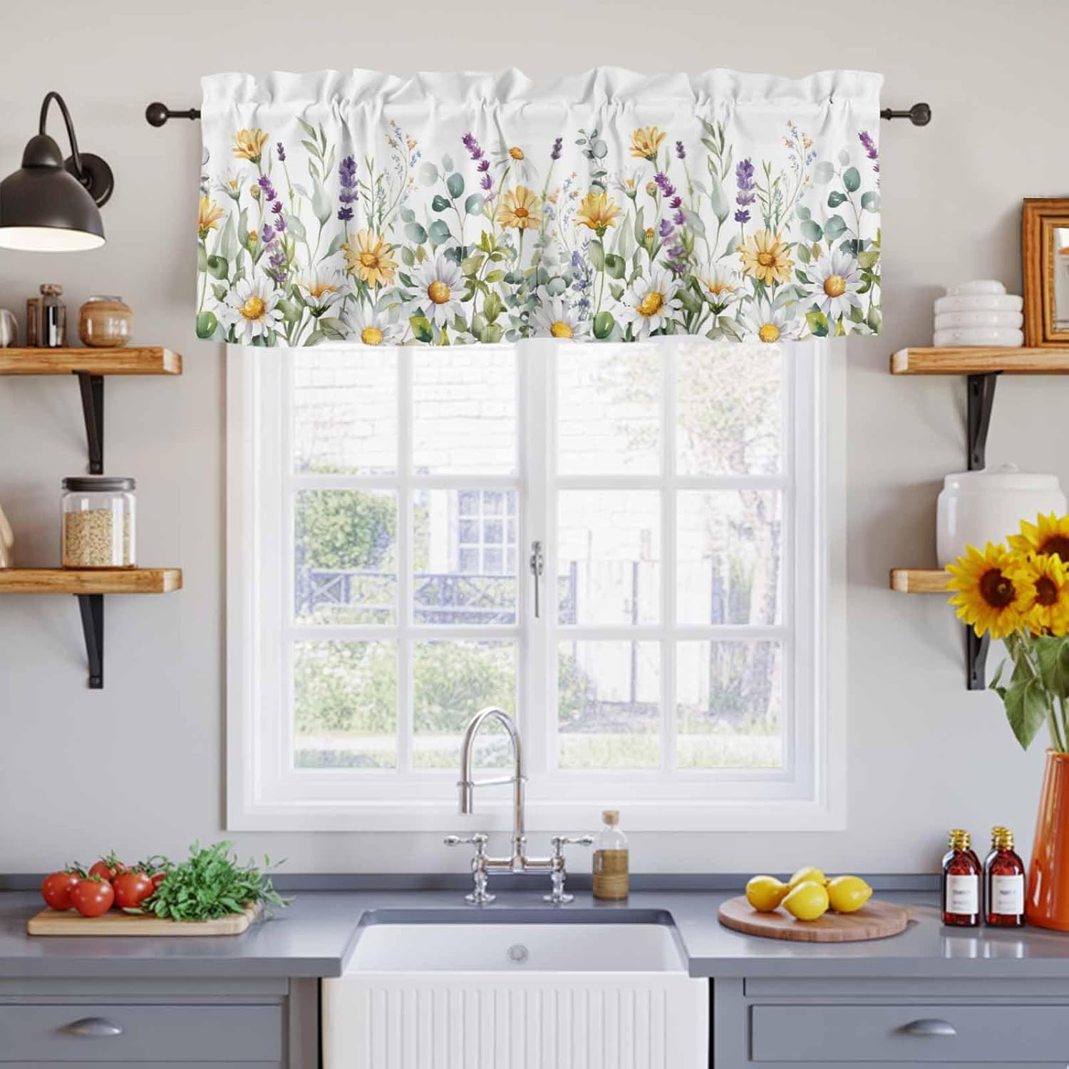 YOKOU Kitchen Curtain Valance, Lavender Daisy Flower Eucalyptus Leaves Watercolor Floral Spring Short Rod Pocket Window Curtain for Bedroom, Bathroom, 54" W x 18" L, 2 Panel