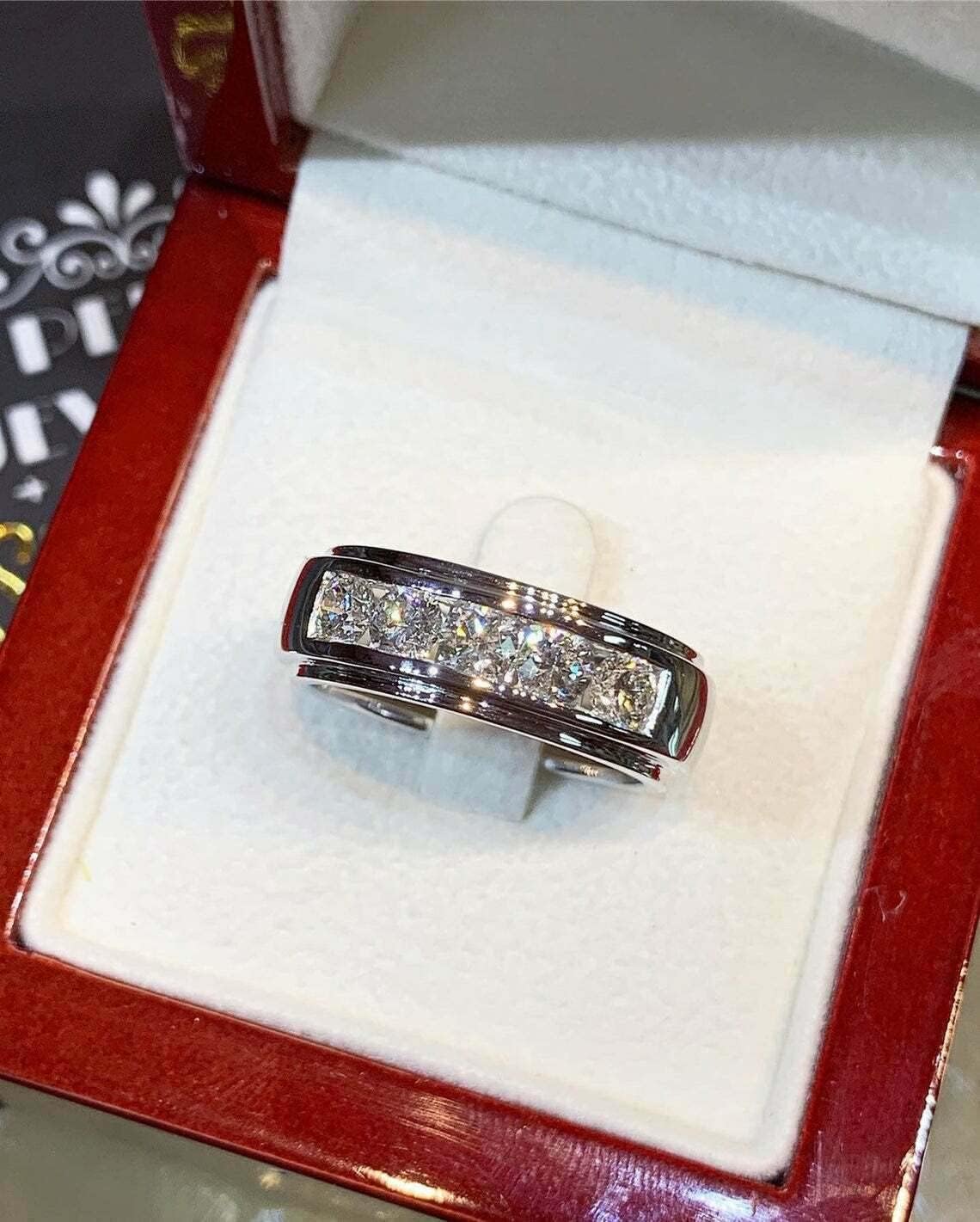 SilverDia 2 Ct Round Men's Diamond Engagement Wedding Band Ring 14k White Gold Finish Diamond Ring Customized Ring Birthday Gift For Him
