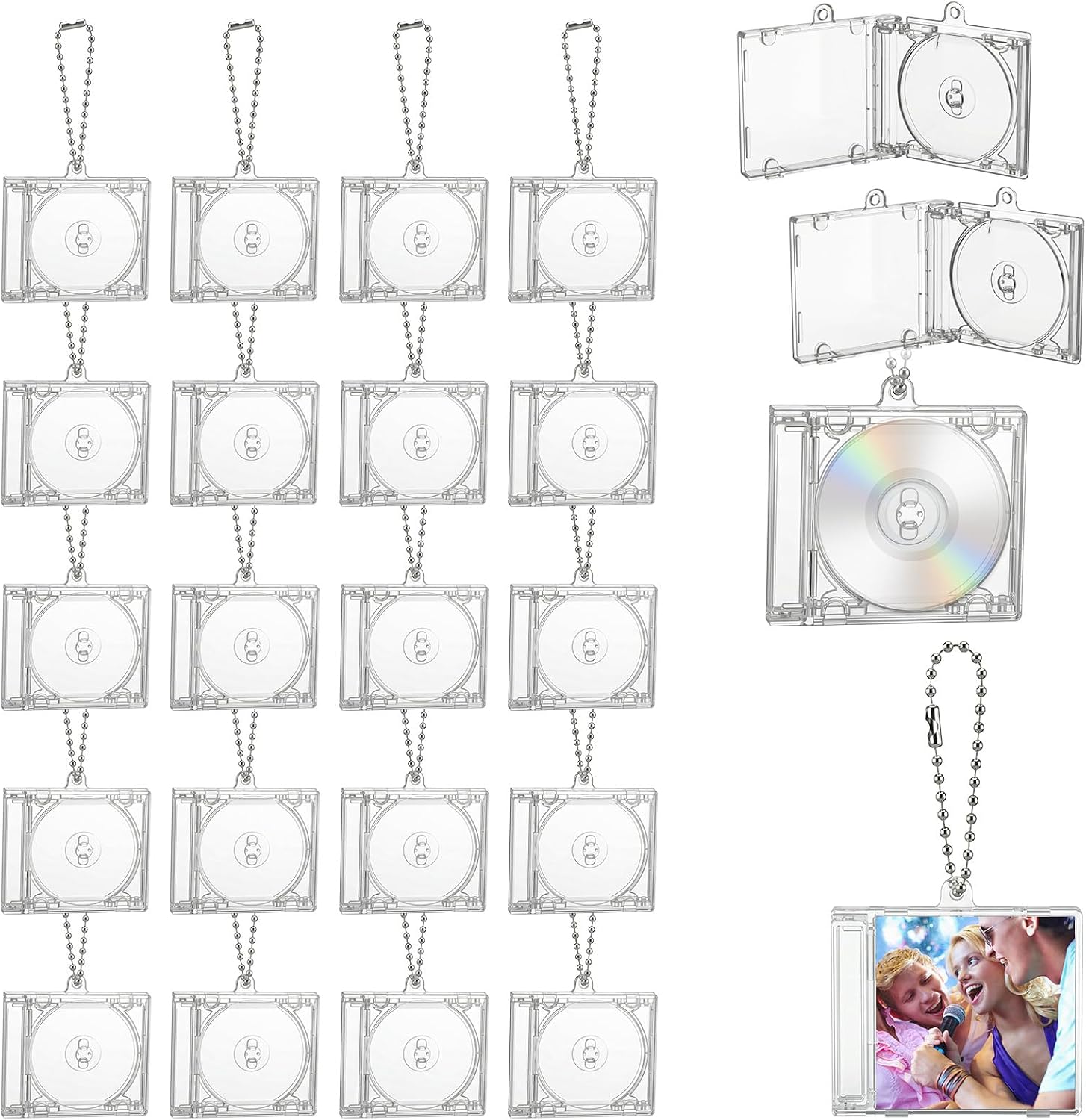 20 Pcs Mini Cd Keychain Album Cases with Mini CD, Plastic Cd Cases Clear DVD Cover Bulk DVD Jewel Keyring Music Blank Mini Compact Disc Holder Pendant Personalized for DIY Backpack Hanging Decor Gifts