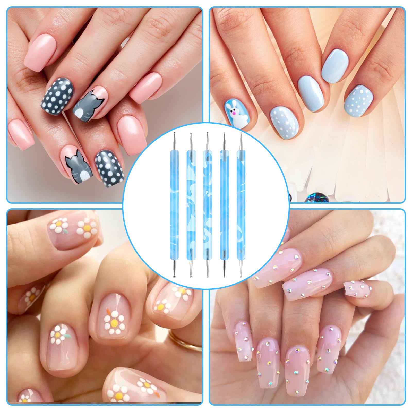 Zestaw 5 dwustronnych narzędzi do zdobienia paznokci, zestaw dwustronnych narzędzi do zdobienia paznokci, do manicure, kropki, do malowania żelowego lakieru, niebieski