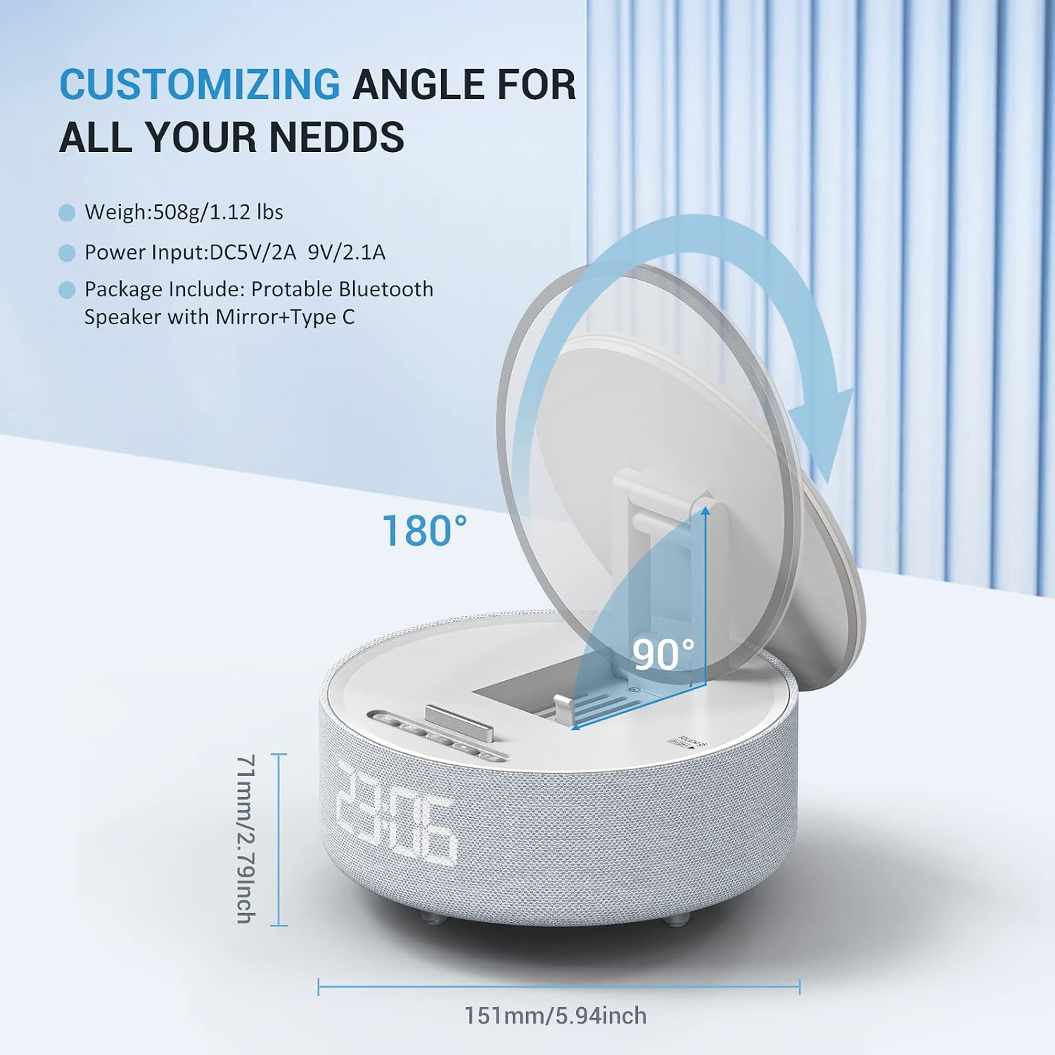 Diagram showing the adjustable angles of the mirror and stand.