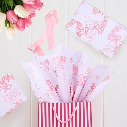 Miniatura 5 de 25 hojas de papel de seda de cinta rosa a granel de 20 x 28 pulgadas  Papel de seda impreso mariposa rosa para mujeres y niñas, cáncer de mama,