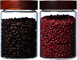 2 Pcs 30 fl.oz Glass Jars with screw Acacia Lids, Food Storage Containers with Airtight Lid,Coffee Container Jar Set for coffee bean,Nut, Candy, Cereal, Snacks,Overnight Oats,Tea,Spice