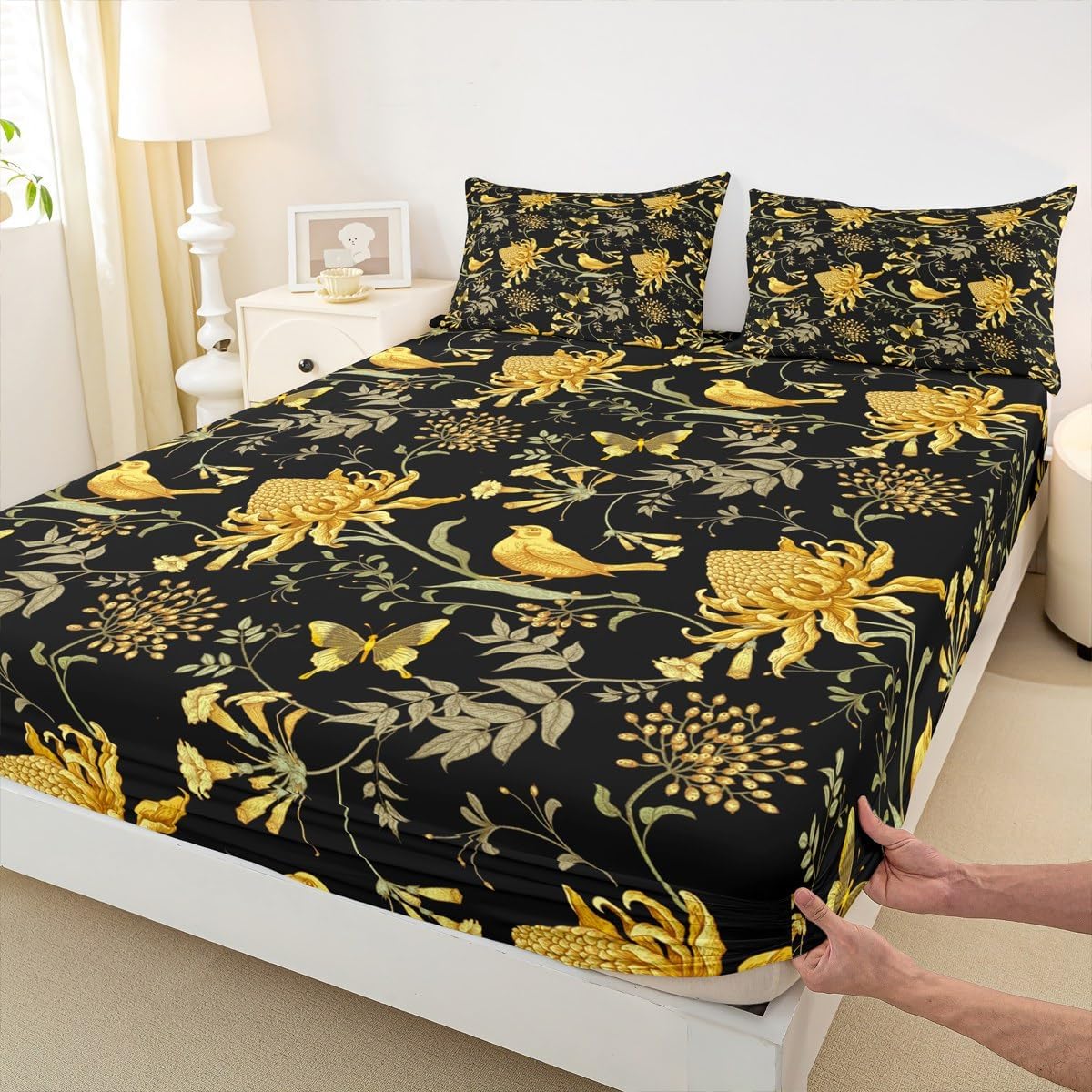 Birds Butterfly Retro Flower Print Full Size Fitted Sheet No Top Sheet,Garden Theme Vintage Style 3 Pieces Kids Teenager Room Decor Chrysanthemum Pocket 2 Pillowcases