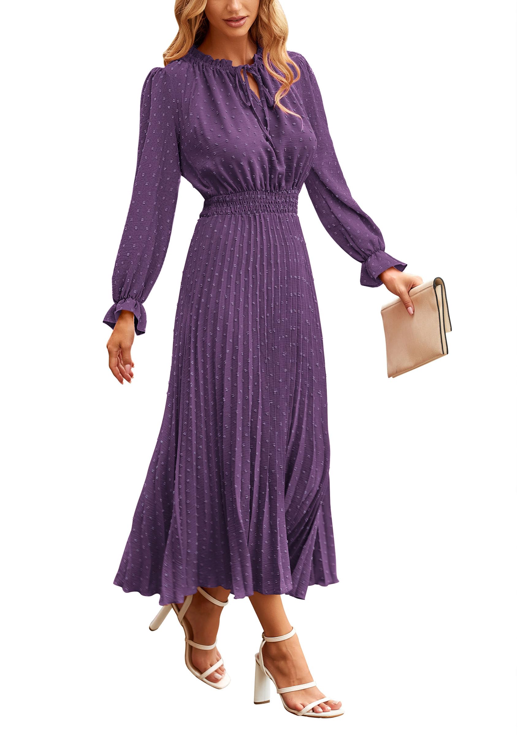 Photo 1 of (medium) PRETTYGARDEN Women's 2025 Spring Fall Midi Dress Casual Long Sleeve V Neck Swiss Dot Pleated A Line Flowy Dresses (Dark Purple,Large)
