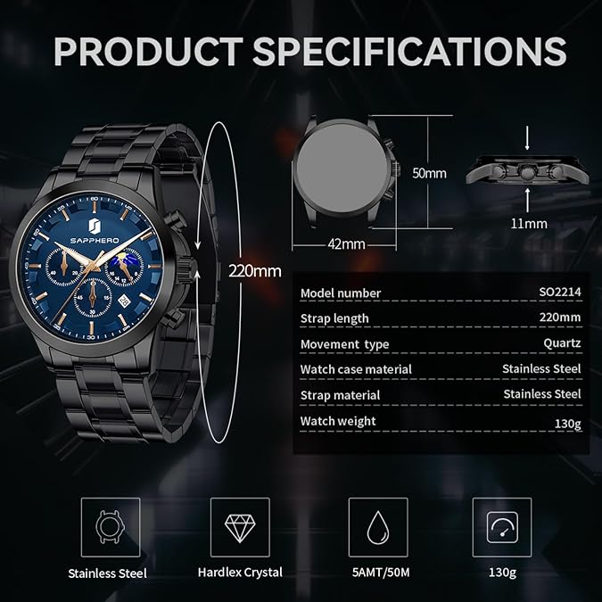 SAPPHERO Chronograph Watches for Men, Original Business Casual Stainless Steel Analog Watch 50M Waterproof Luminous Watches with Date Dial, Mens Gift