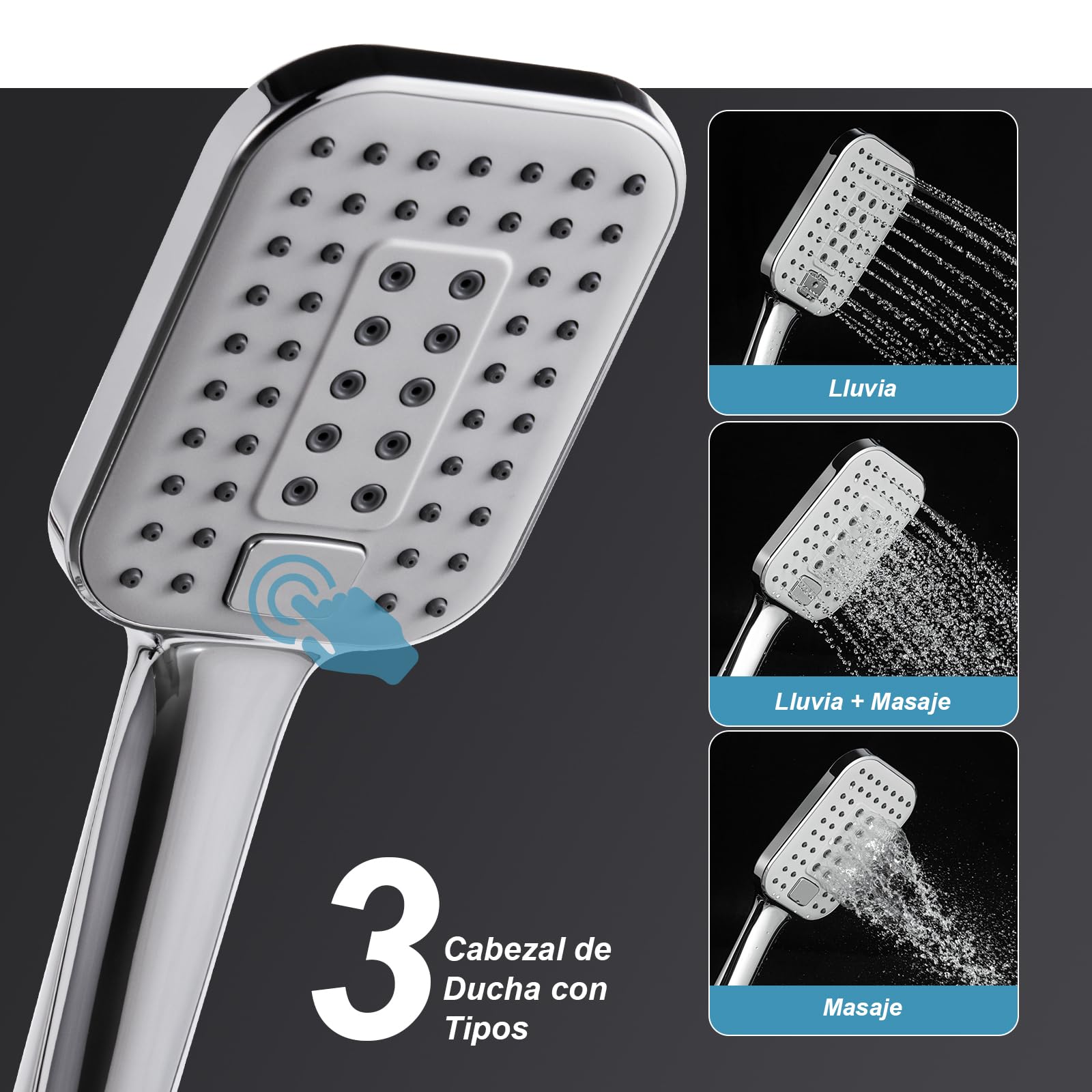 OFFO Conjunto Soporte Ducha, Barra de Ducha de 90 cm de Acero Inoxidable con Manguera de 1.6 m, Alcachofa de Mano (3 Modos, 120 mm), Duchas de Baño Columna Ducha sin Grifo, Cromo