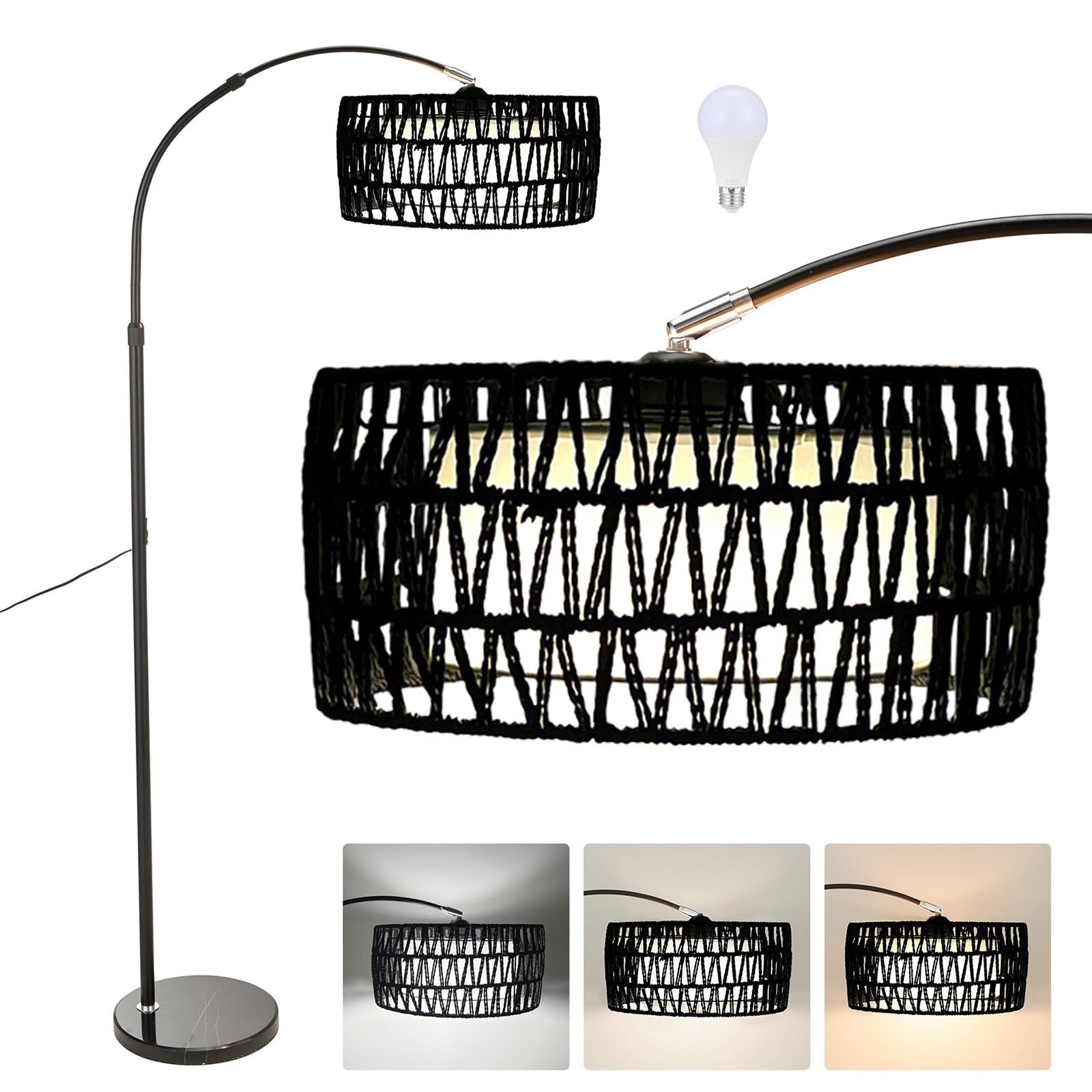 Rattan Floor Lamp for Living Room, Arc Standing Lamps with Foot Switch & Adjustable Hanging, 360° Adjustable Head,Boho Tall Lamp with 3 Color Temperatures, Reading Lamp for Office Bedroom Corner