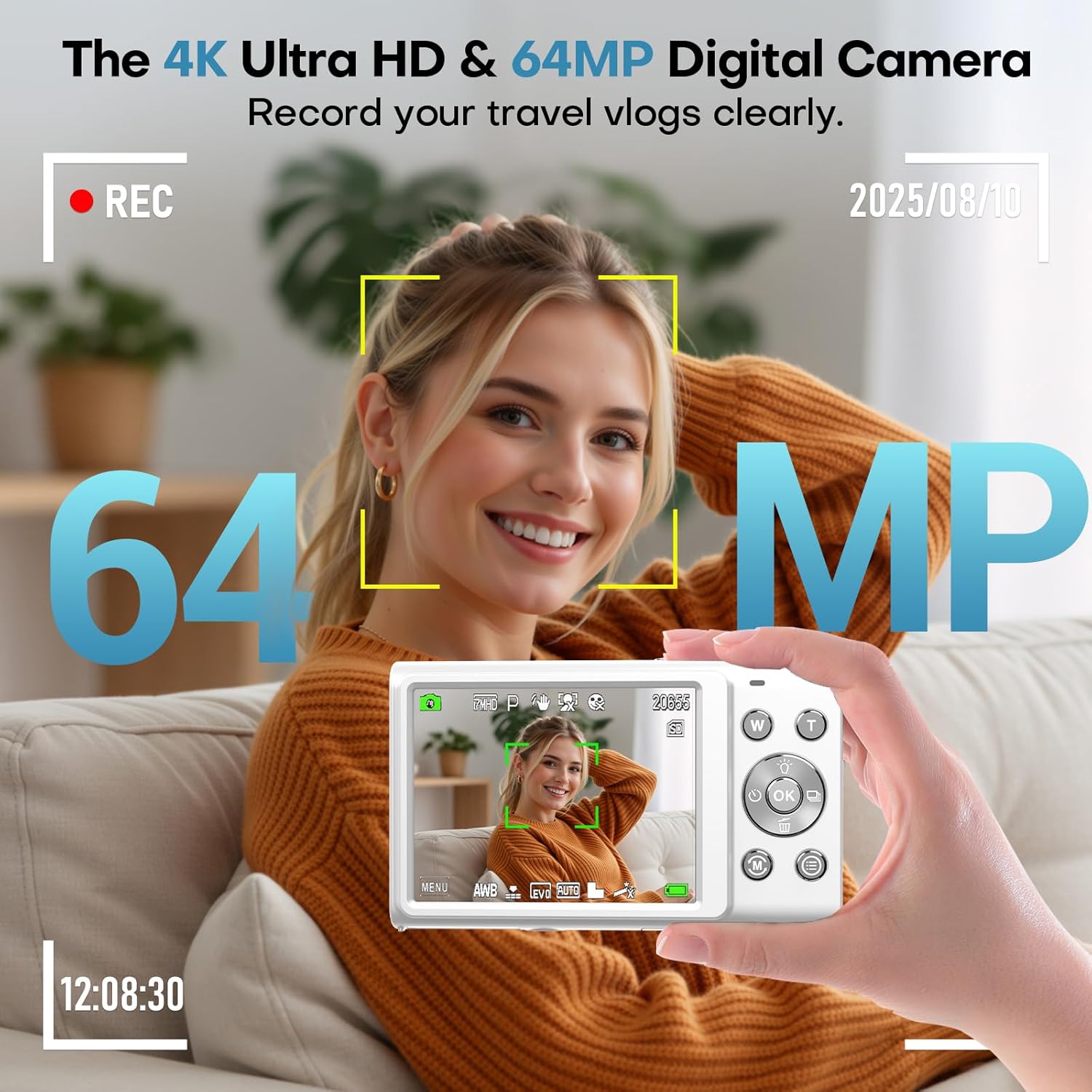 Digital Camera, 4K Digital Camera with Wide Angle Lens, 64MP Autofocus 16X Digital Zoom YouTube Compact Point Shoot Vlogging Camera for Teens/Beginners, 32GB Card, 2 Batteries(White)