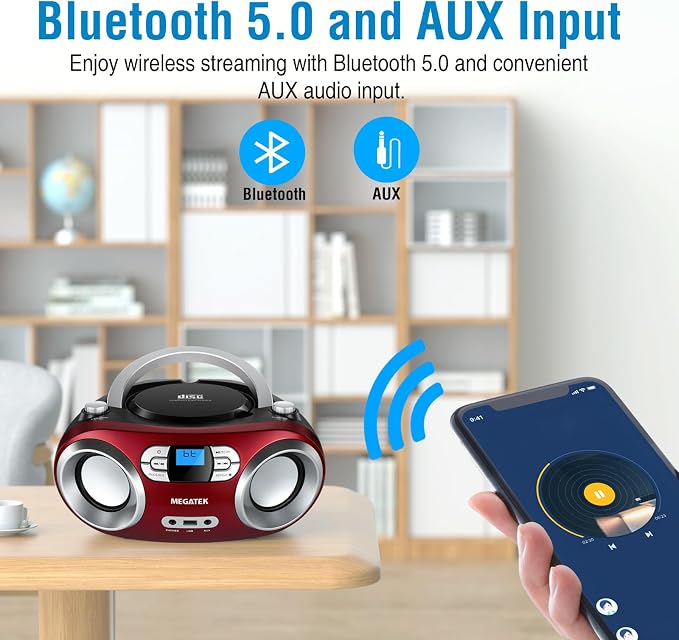 Reproductor CD portátil MEGATEK con radio FM, Bluetooth, USB y AUX miniatura 4