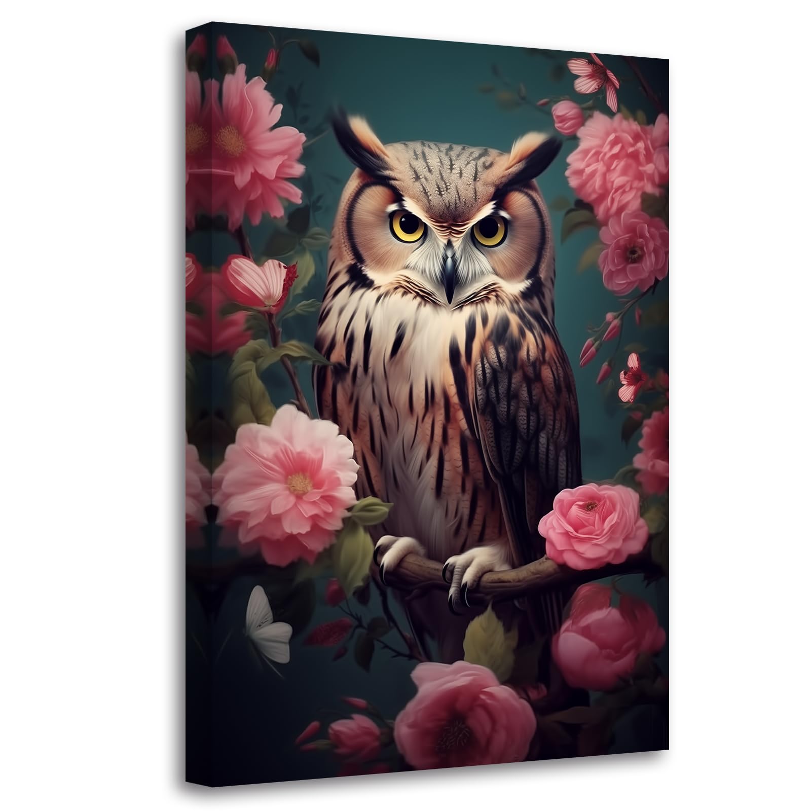 LMYSXAOZ Owl Canvas Wall Art with Retro Pink Flower Picture Elegant Birds Prints Wild Animals Painting for Office Bedroom Decor(Picture-1, (28.00" x 42.00"))