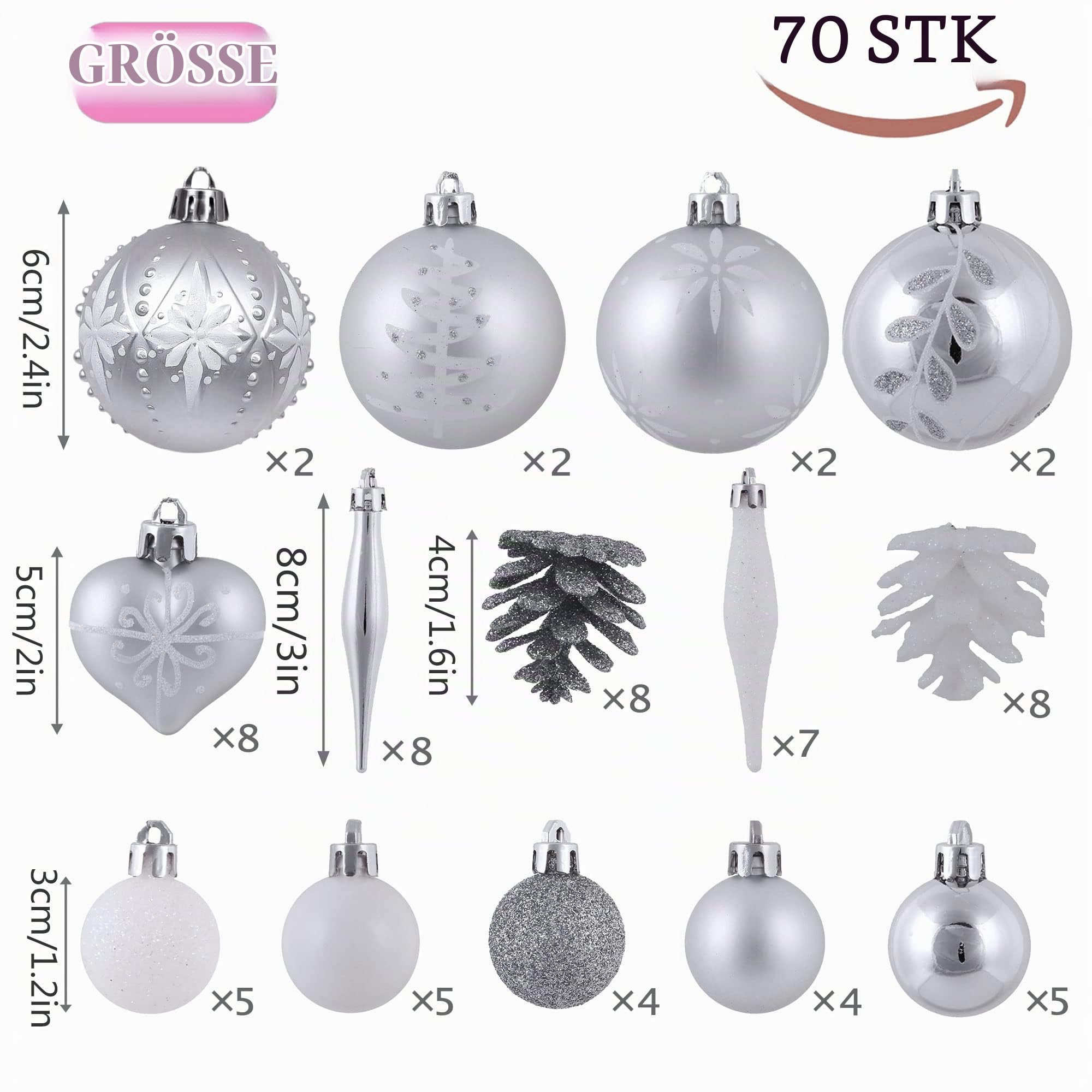 Victor's Workshop Weihnachtskugeln 70tlg. Kunststoff Christbaumkugeln Weihnachtsdeko Weihnachtsbaum Dekoration Set Plastik Ornament Weihnachten Deko mit Anhänger Gefrorener Winter Thema Silber Weiss