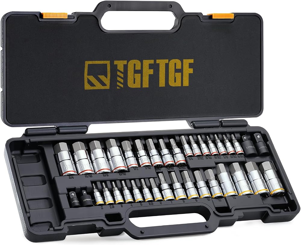 TGFTGF 36-Piece Master HEX Bit Socket Set, 16 SAE & 16 Metric Premium S2 Alloy Steel Bits, 1/4" 3/8" 1/2" Drive Allen Socket Set with 4 Adapters, Compact Storage Case for Auto Repair & Household Use — 사진 1