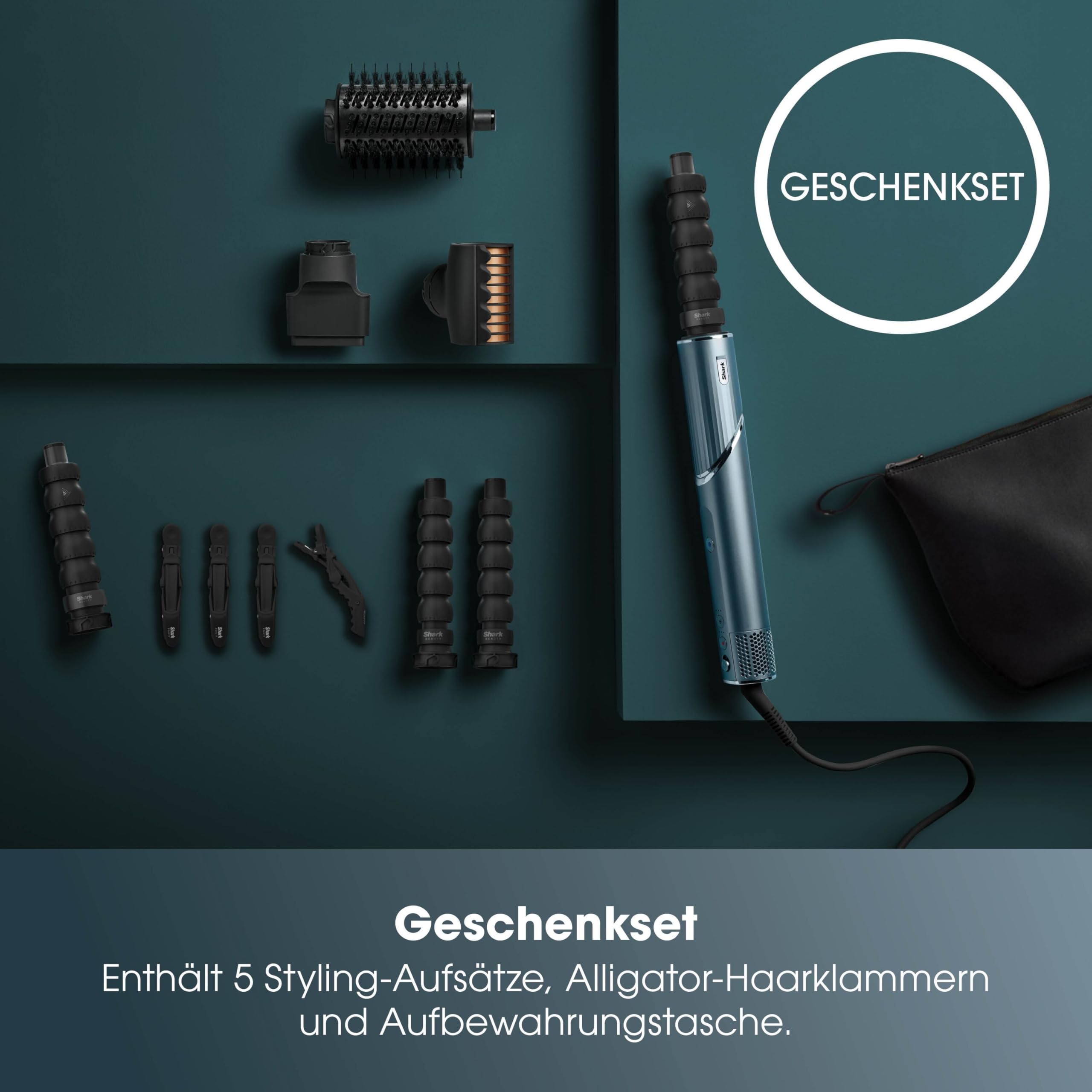 Shark FlexStyle Limited Edition Teal 5-in-1 Haarstyler & -trockner | Geschenk Set, Lockenaufsätze, Finishing Aufsatz, Ovalbürste, Konzentrator, Haarklammer, Aufbewahrungstasche, HD456TLEU