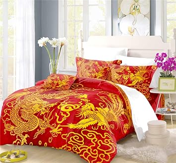 REALIN Traditional Dragon and Phoenix Duvet Cover Set Chinese Style Bedding Auspicious Bed Sets 2/3/4PCS Quilt Covers/Sheets/Pillow Shams,Twin/Full/Queen/King A,Twin-172x218cm-4PCS