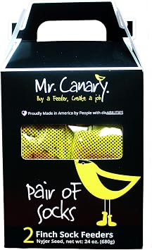 Mr. Canary Yellow Pair of Socks Finch Sock Feeders, 2pk, Seed-Filled All-Season Feeders, 24oz Total