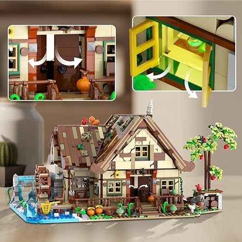 Miniatura 9 de Juego de construcción de cabaña de madera con luz, 2570 piezas de madera de bosque de juguete con estanque de agua, modelo de construcción de casa